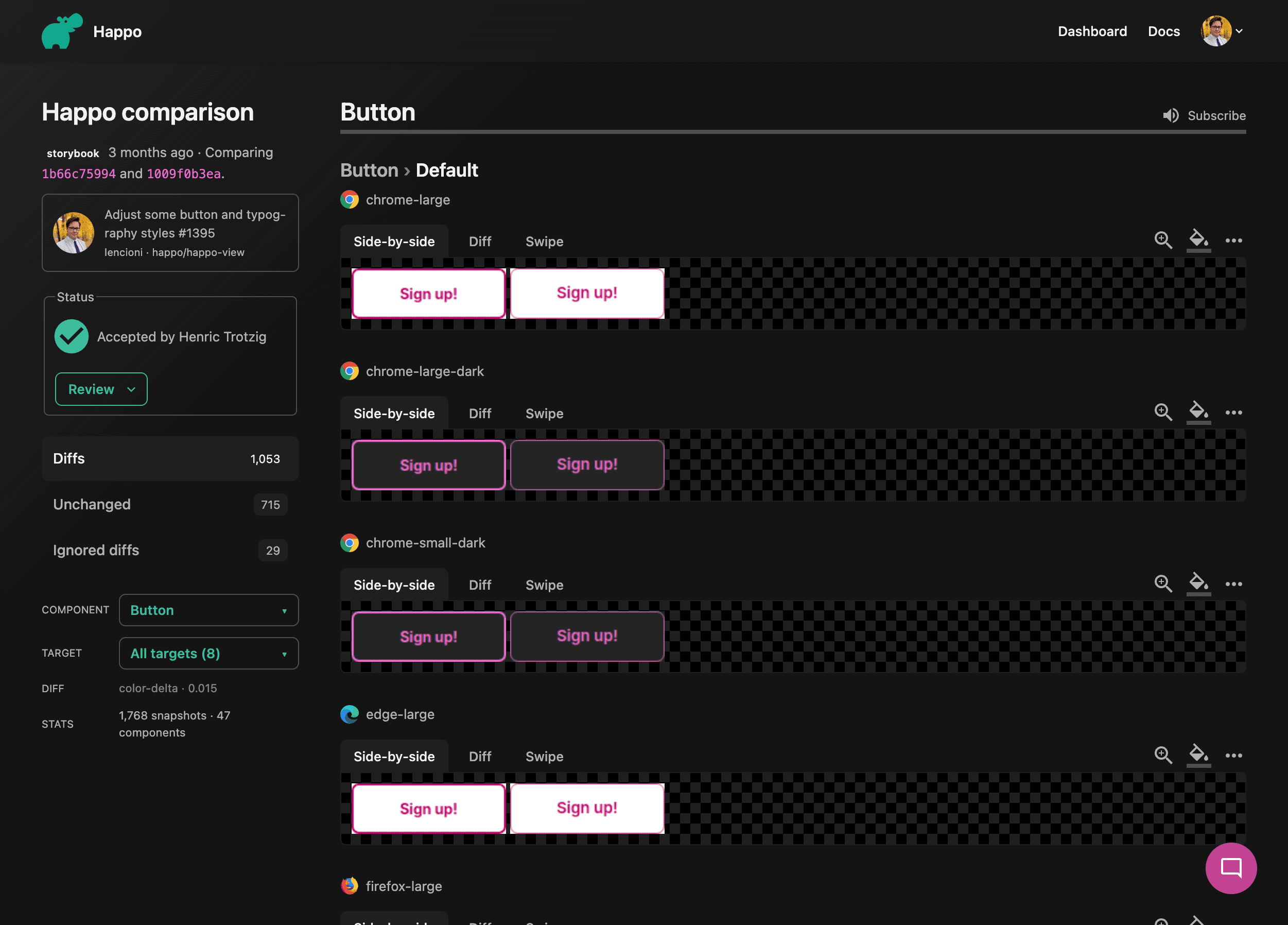 An example of a Happo comparison between two versions of a UI