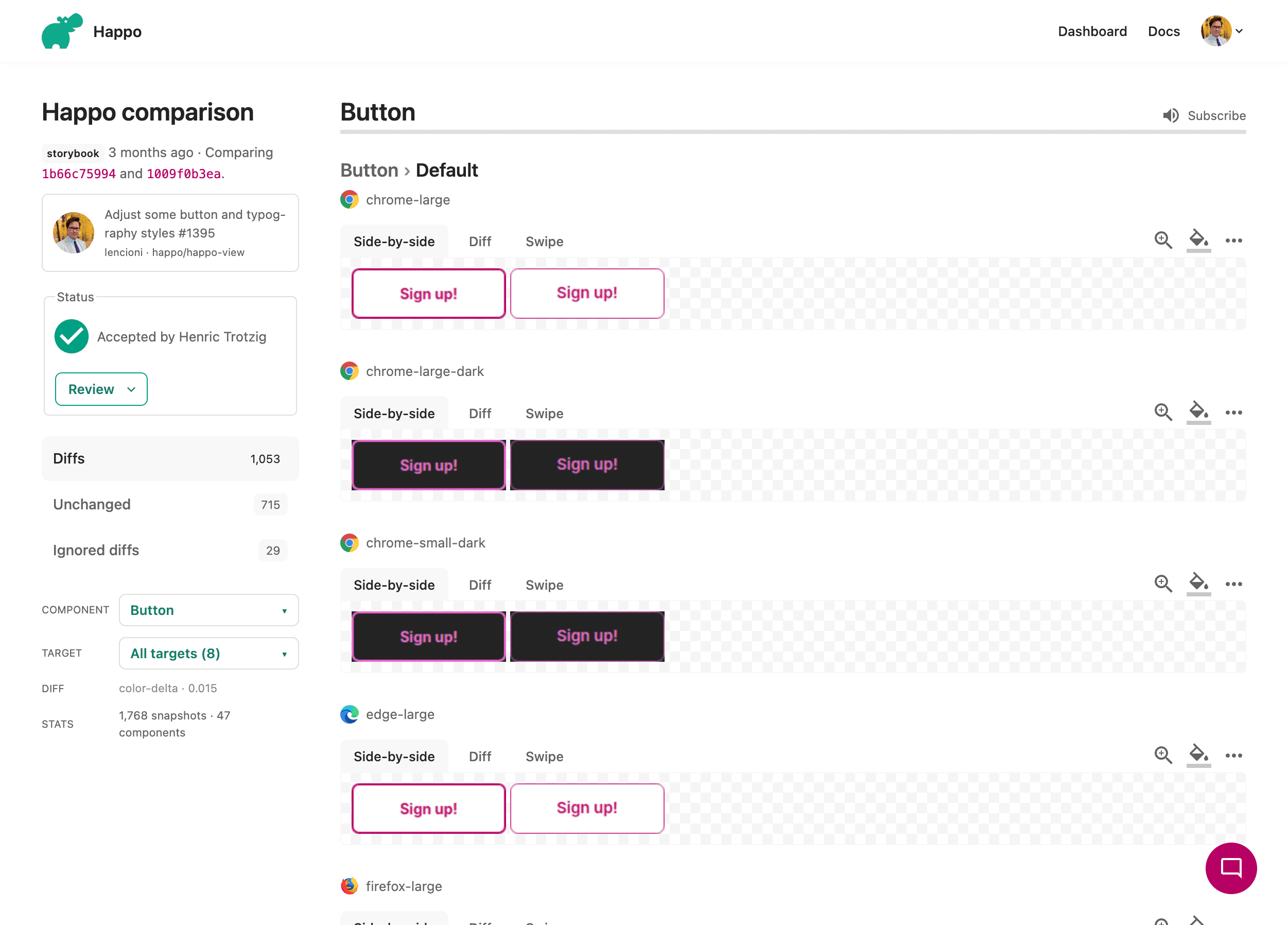 An example of a Happo comparison between two versions of a UI