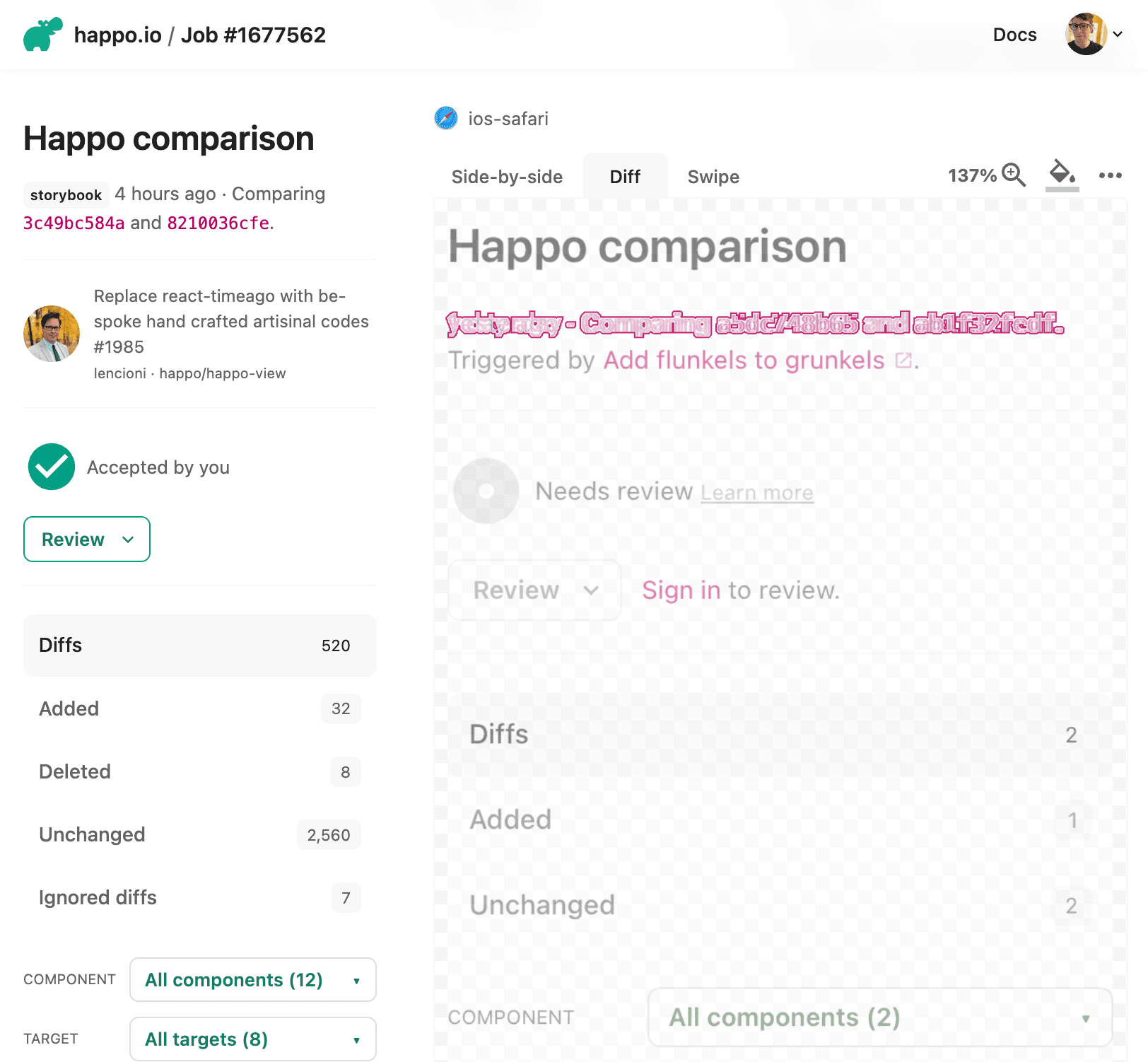 Screenshot of the diff view