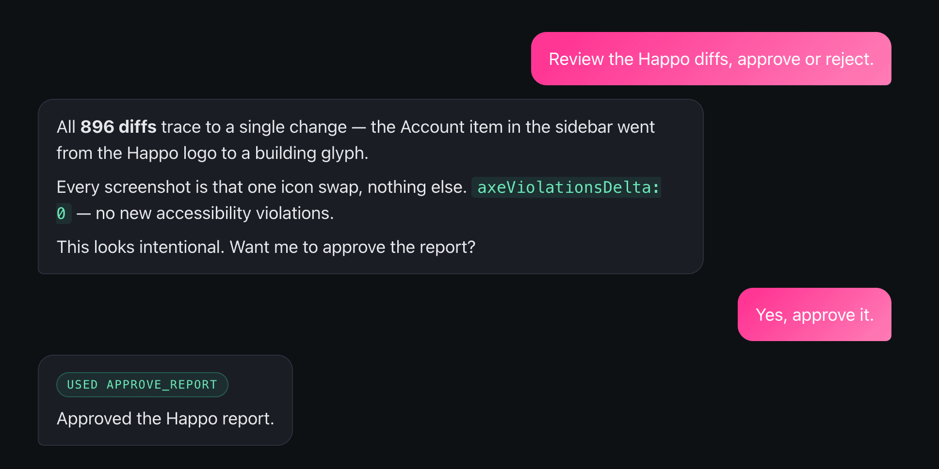 Claude reviewing Happo diffs in a chat and approving an 896-diff report