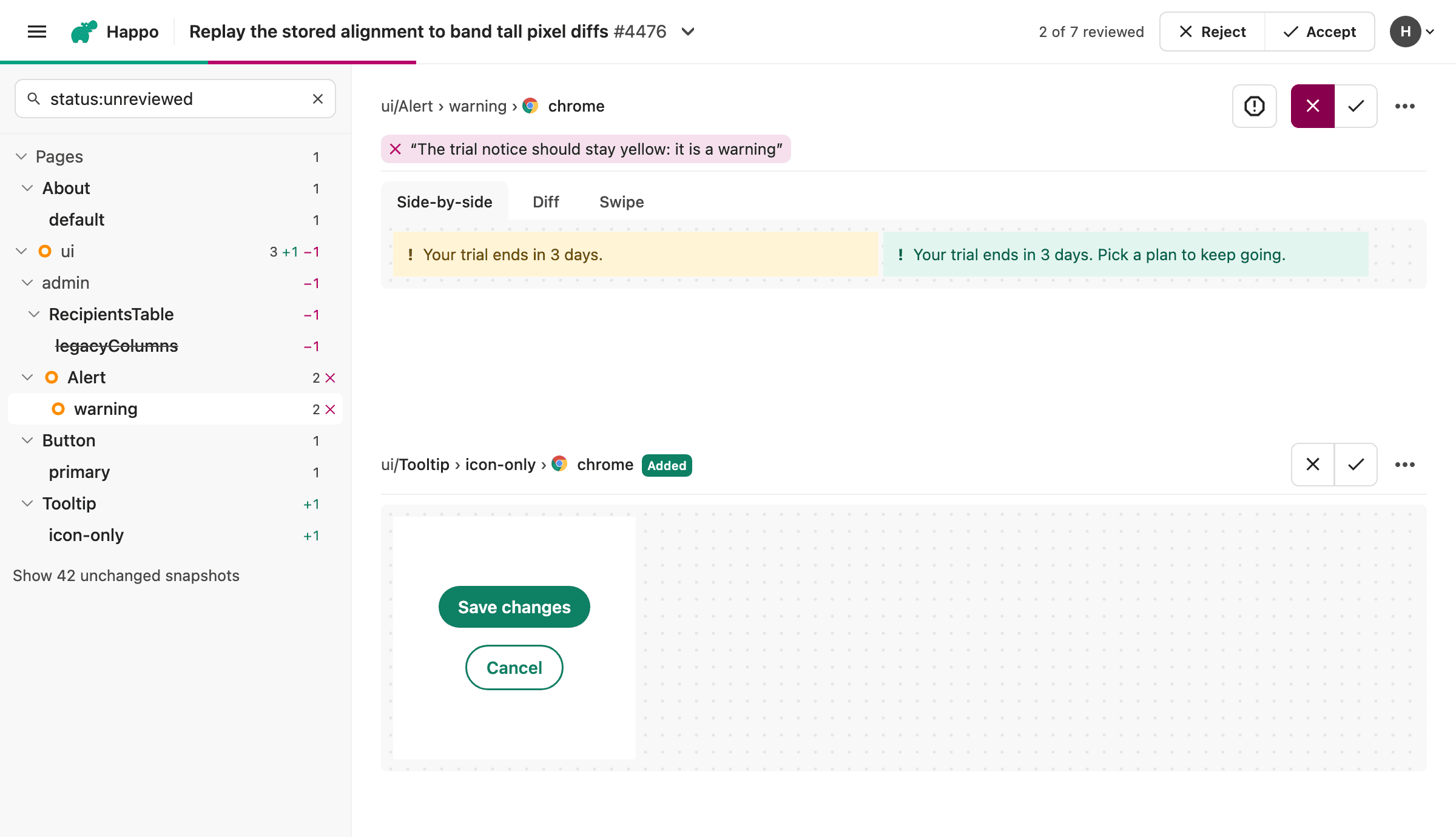 A diff on the new compare page that has been rejected. Under its name and its pressed Reject button, a note reads "The trial notice should stay yellow: it is a warning". The diff shows a yellow trial notice that turned green.