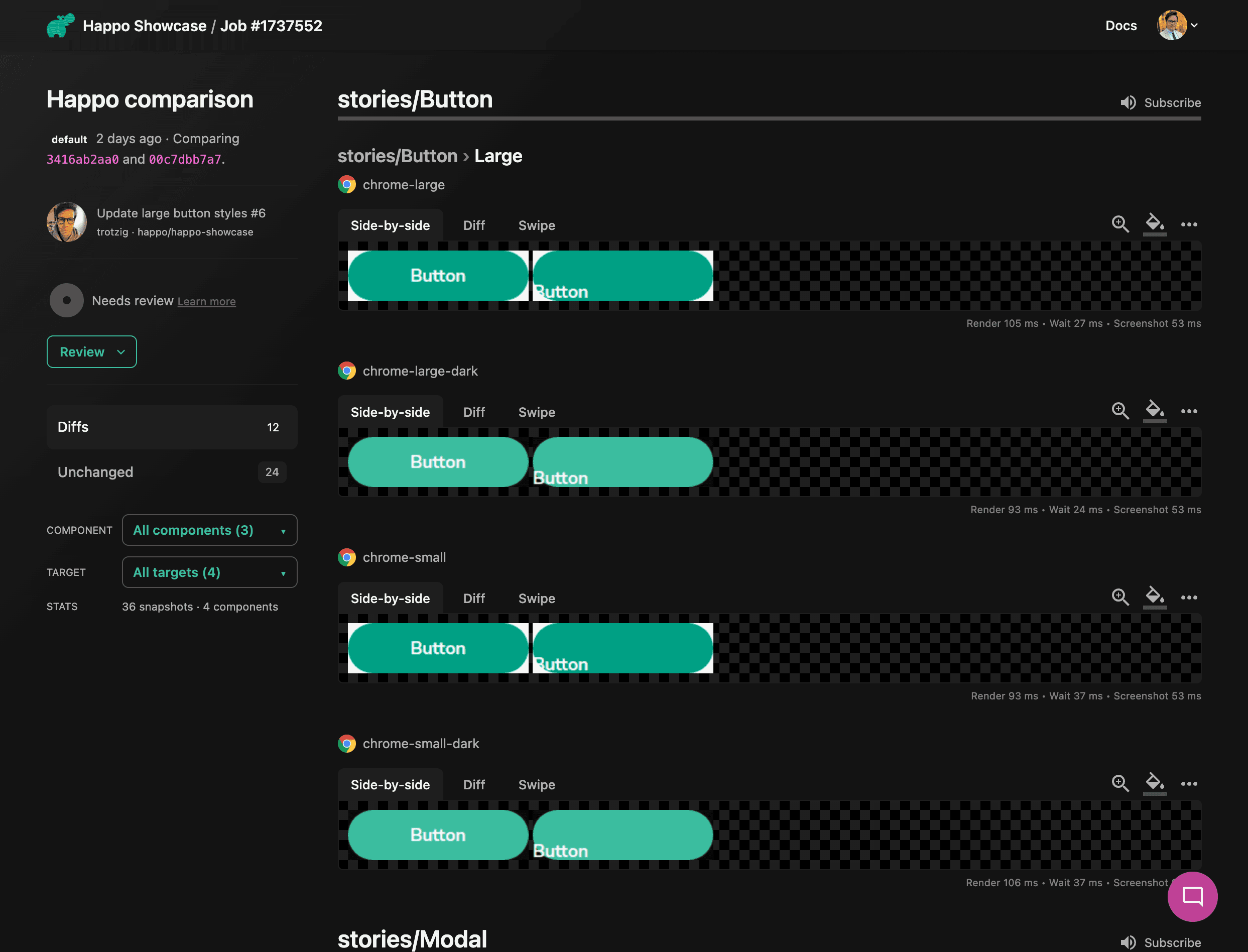 An example of a Happo comparison between two versions of a UI