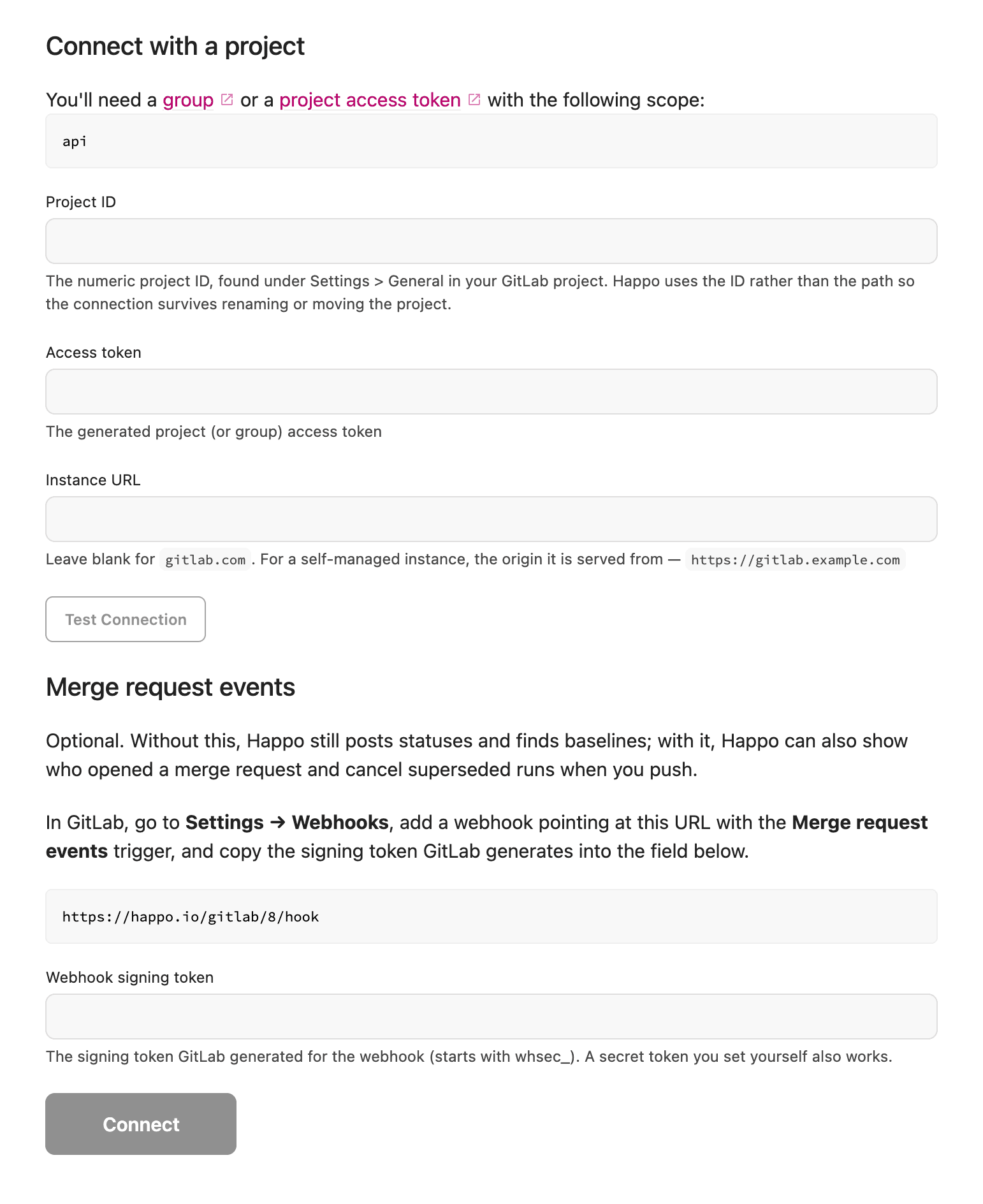 The Happo GitLab connection form, with fields for project ID, access token, instance URL, and webhook signing token