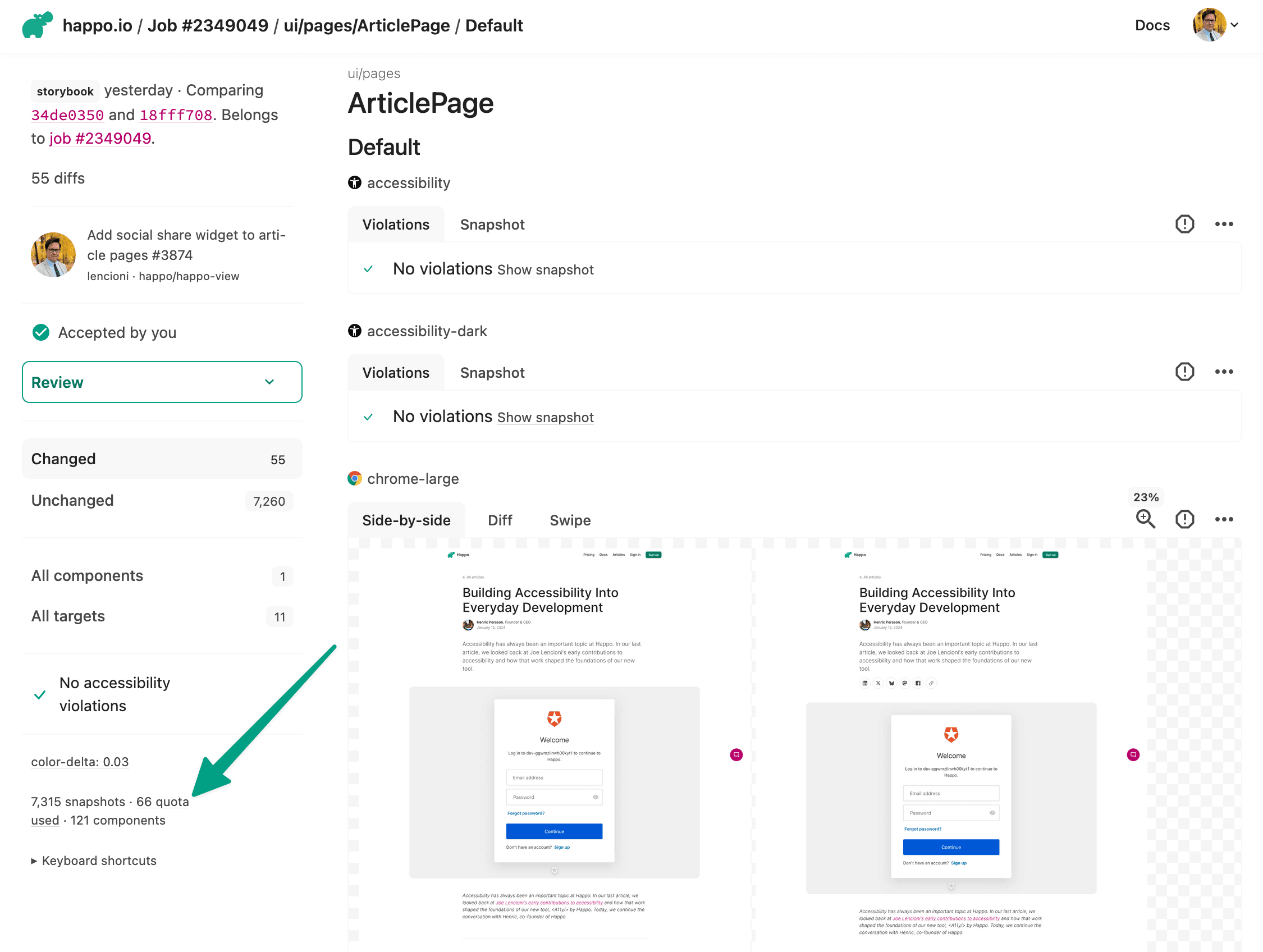 Happo comparison report sidebar showing 7,315 total snapshots with 66 quota used, highlighting the partial-run metadata