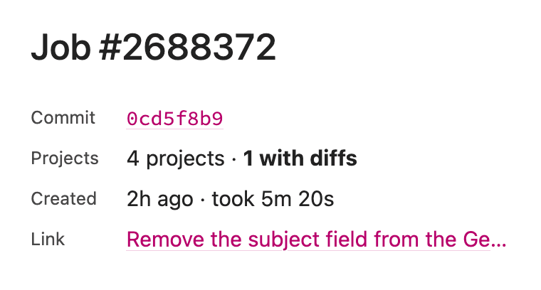 Job summary showing 4 projects and 1 with diffs